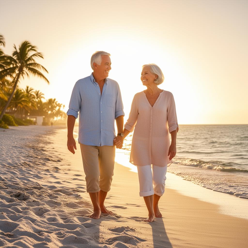 Retired couple walking on a Florida beach
